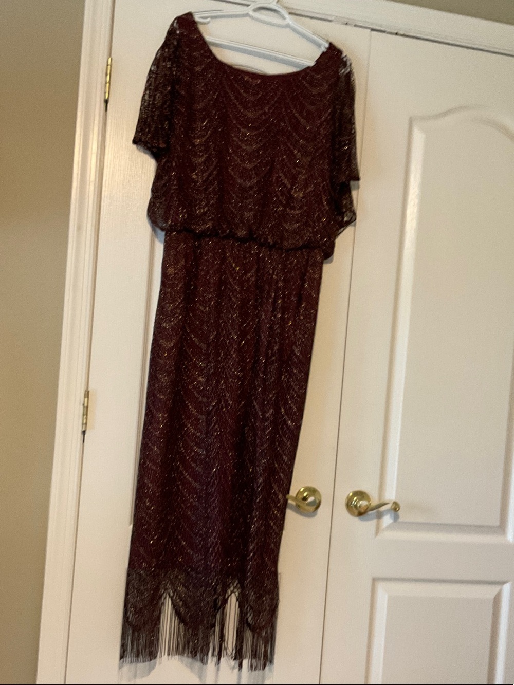 SLNY Burgundy Metallic Fringe Maxi Dress
